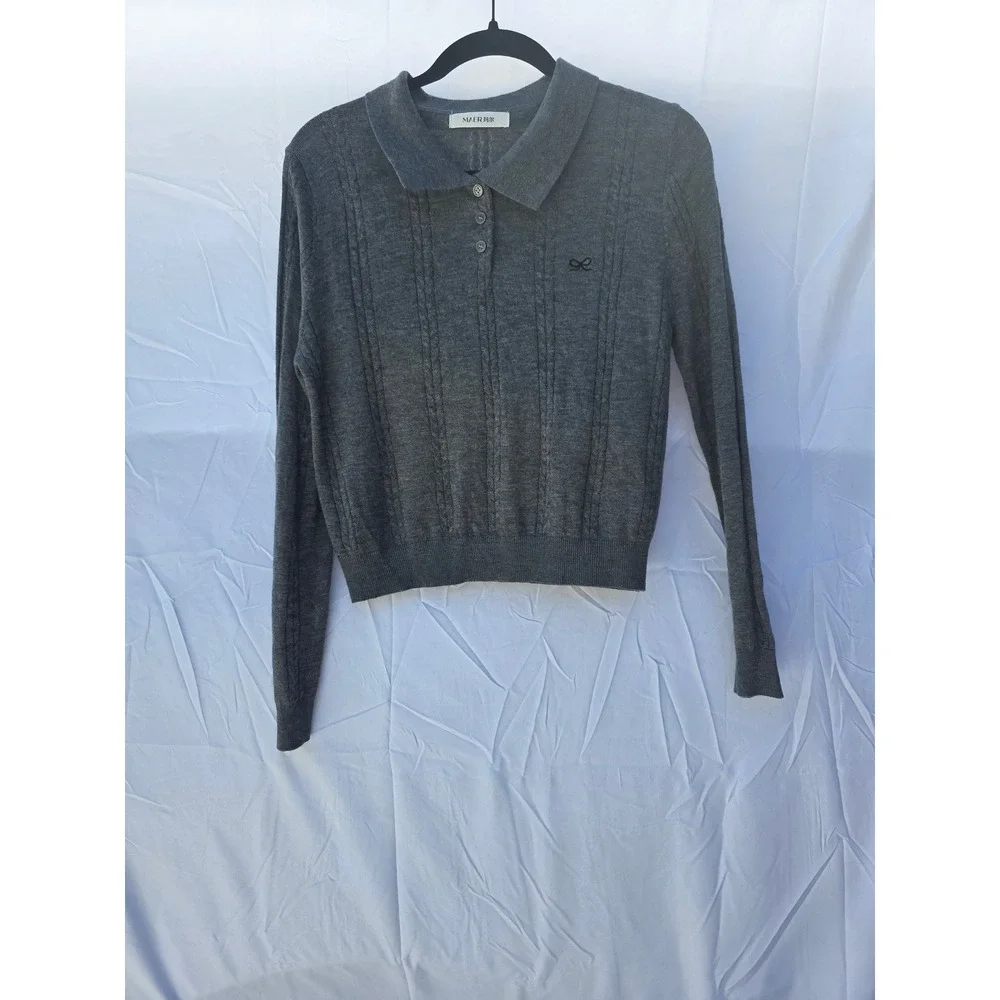 MAER Women Gray Long Sleeve Cable Knit Polo Sweater Bow Detail Size Medium - Picture 1 of 6